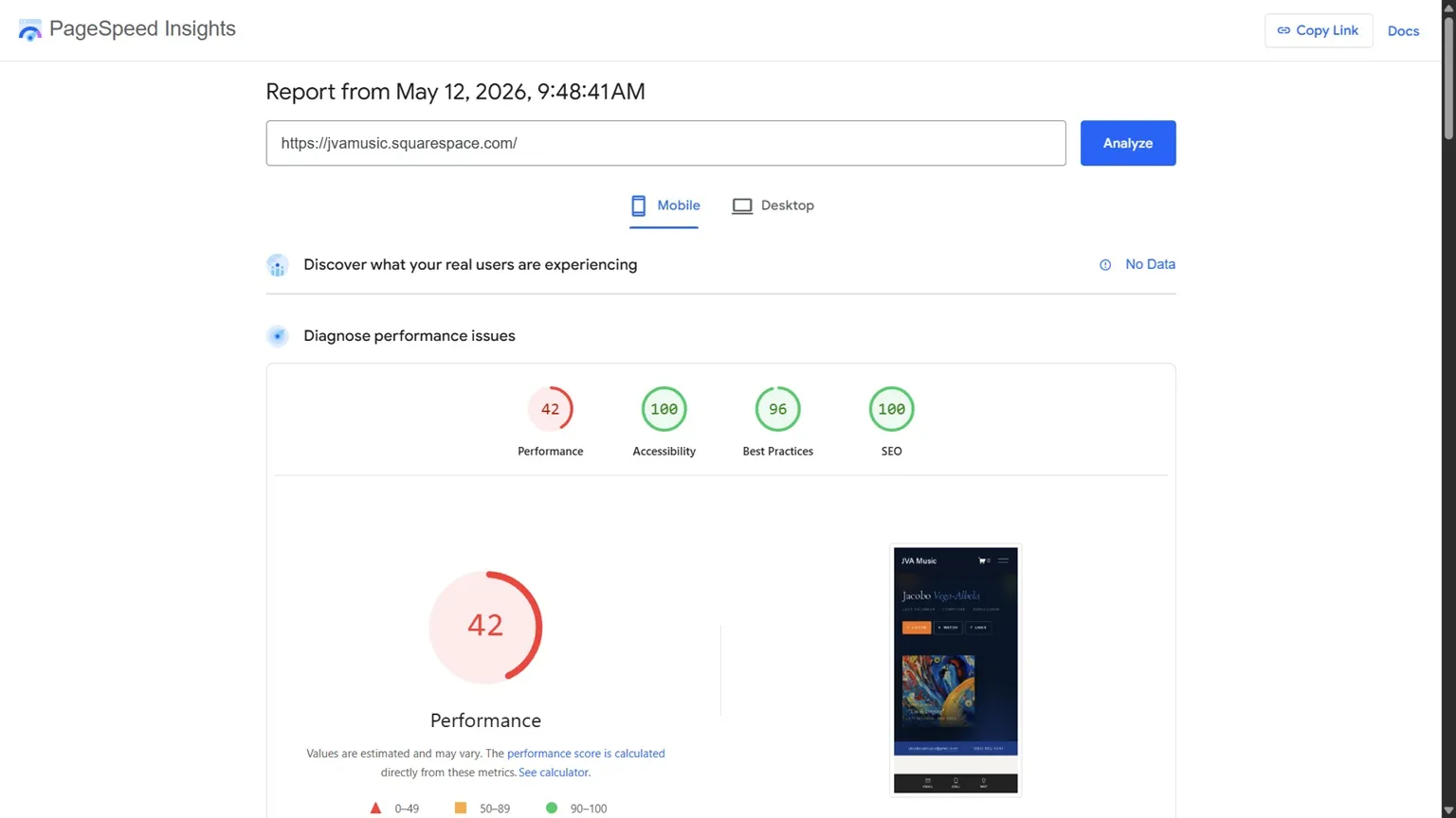 Same content on the old Squarespace build — Performance score: 42